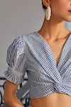 Kay Kay_Blue Cotton, Polyester Lace V-neck Woven Stripe Ruched Crop Top And Skirt Set _at_Aza_Fashions