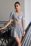 Buy_Kay Kay_Blue Cotton, Polyester Lace V-neck Woven Stripe Ruched Crop Top And Skirt Set 