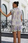 Shop_KAY KAY_White Chiffon Printed Floral Ruffled Collar Watercolour Top And Shorts Set _at_Aza_Fashions
