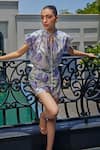Shop_KAY KAY_White Chiffon Printed Floral Ruffled Collar Watercolour Top And Shorts Set _Online_at_Aza_Fashions