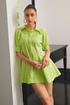 Kay Kay_Green Poplin Pearls Collared Neon Embellished Shirt Dress _Online_at_Aza_Fashions