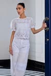 Kay Kay_Off White Lace, Cotton Embroidery Round Neck And Mesh Top With Pant _Online_at_Aza_Fashions