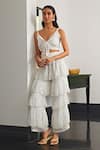 Buy Kay Kay White Chiffon, Lurex V-neck Tie-up Top And Frill Tiered Pant Set at Aza Fashions Buy_Kay Kay_White Chiffon, Lurex V-neck Tie-up Top And Frill Tiered Pant Set _at_Aza_Fashions