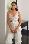 Kay Kay White Chiffon, Lurex V-neck Tie-up Top And Frill Tiered Pant Set Online at Aza Fashions Kay Kay_White Chiffon, Lurex V-neck Tie-up Top And Frill Tiered Pant Set _Online_at_Aza_Fashions