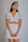 Shop_Kay Kay_White Cotton, Poplin Embroidery V-neck Knotted Crop Top And Schiffli Skirt Set _Online_at_Aza_Fashions