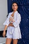 Shop_KAY KAY_White Cotton Embroidery, Cut Work Collared Schiffli Shirt And Bralette Set _Online_at_Aza_Fashions
