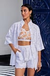 KAY KAY_White Cotton Embroidery, Cut Work Collared Schiffli Shirt And Bralette Set _at_Aza_Fashions