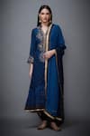 RI.Ritu Kumar_Blue Kurta 100% Viscose Print Bandhani Mandarin And Zardozi Embroidered Set _Online_at_Aza_Fashions