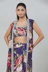 Buy_Kashmiraa_Purple Silk Cut Work, Beads, Foil Printing Scoop Floral Cape Draped Skirt Set _Online_at_Aza_Fashions