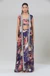 Kashmiraa_Purple Silk Cut Work, Beads, Foil Printing Scoop Floral Cape Draped Skirt Set _at_Aza_Fashions