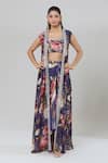Buy_Kashmiraa_Purple Silk Cut Work, Beads, Foil Printing Scoop Floral Cape Draped Skirt Set 