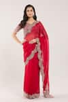 Prisho_Red Chiffon, Georgette Tassels, Embroidery, Sequins Scallop Hem Saree And Blouse _Online_at_Aza_Fashions