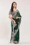 Prisho_Green Chiffon, Silk Embroidery Round Neck Floral And Paisley Hem Saree Set _Online_at_Aza_Fashions