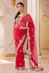 Buy_Prisho_Red Chiffon, Cotton Embroidery, Beads Round Neck Floral Thread Saree Set _at_Aza_Fashions
