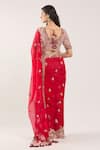 Shop_Prisho_Red Chiffon, Cotton Embroidery, Beads Round Neck Floral Thread Saree Set _at_Aza_Fashions