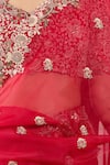 Prisho_Red Chiffon, Cotton Embroidery, Beads Round Neck Floral Thread Saree Set _Online_at_Aza_Fashions