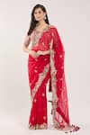 Shop_Prisho_Red Chiffon, Cotton Embroidery, Beads Round Neck Floral Thread Saree Set _Online_at_Aza_Fashions