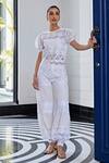 Buy_Kay Kay_Off White Lace, Cotton Embroidery Round Neck And Mesh Top With Pant _at_Aza_Fashions