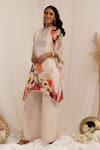 Shop_Surkh Syahi_Peach Chiffon Beads Keyhole Neck Gul Dasta Print Kurta Palazzo Set _at_Aza_Fashions