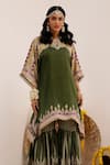 Surkh Syahi_Green Crepe Foil Printing, Embroidery Notched Tribal Bloom Kaftan And Gharara Set _Online_at_Aza_Fashions