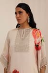 Surkh Syahi_Peach Chiffon Beads Keyhole Neck Gul Dasta Print Kurta Palazzo Set _Online_at_Aza_Fashions