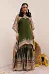 Buy_Surkh Syahi_Green Crepe Foil Printing, Embroidery Notched Tribal Bloom Kaftan And Gharara Set _at_Aza_Fashions