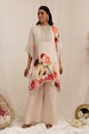 Surkh Syahi_Peach Chiffon Beads Keyhole Neck Gul Dasta Print Kurta Palazzo Set _at_Aza_Fashions