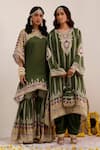 Surkh Syahi_Green Crepe Foil Printing, Embroidery Notched Tribal Bloom Kaftan And Gharara Set _at_Aza_Fashions