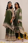Buy_Surkh Syahi_Green Crepe Foil Printing, Embroidery Notched Tribal Bloom Kaftan And Gharara Set 