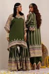 Shop_Surkh Syahi_Green Crepe Foil Printing, Embroidery Notched Tribal Bloom Kaftan And Gharara Set _at_Aza_Fashions