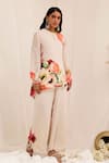 Surkh Syahi_Peach Chiffon Beads Collared Gul Dasta Print Tunic And Palazzo Set _Online_at_Aza_Fashions
