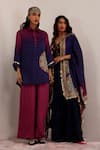 Surkh Syahi_Blue Cotton, Silk Embroidery Collared Tribal Bloom Print Cape And Draped Skirt Set _Online_at_Aza_Fashions