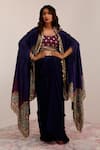 Buy_Surkh Syahi_Blue Cotton, Silk Embroidery Collared Tribal Bloom Print Cape And Draped Skirt Set _at_Aza_Fashions