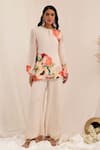 Shop_Surkh Syahi_Peach Chiffon Beads Collared Gul Dasta Print Tunic And Palazzo Set _Online_at_Aza_Fashions