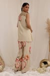 Shop_Surkh Syahi_Beige Muslin Embroidery Round Neck Gul Kand Print Jacket And Bell Bottom Pant Set _at_Aza_Fashions