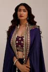 Buy_Surkh Syahi_Blue Cotton, Silk Embroidery Collared Tribal Bloom Print Cape And Draped Skirt Set _Online_at_Aza_Fashions