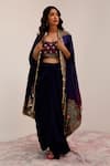 Shop_Surkh Syahi_Blue Cotton, Silk Embroidery Collared Tribal Bloom Print Cape And Draped Skirt Set _Online_at_Aza_Fashions