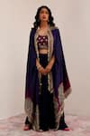 Shop_Surkh Syahi_Blue Cotton, Silk Embroidery Collared Tribal Bloom Print Cape And Draped Skirt Set _at_Aza_Fashions