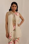 Surkh Syahi_Beige Muslin Embroidery Round Neck Gul Kand Print Jacket And Bell Bottom Pant Set _Online_at_Aza_Fashions