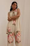 Buy_Surkh Syahi_Beige Muslin Embroidery Round Neck Gul Kand Print Jacket And Bell Bottom Pant Set _Online_at_Aza_Fashions