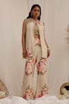 Shop_Surkh Syahi_Beige Muslin Embroidery Round Neck Gul Kand Print Jacket And Bell Bottom Pant Set _Online_at_Aza_Fashions
