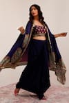 Buy_Surkh Syahi_Blue Cotton, Silk Embroidery Collared Tribal Bloom Print Cape And Draped Skirt Set 