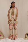 Buy_Surkh Syahi_Beige Muslin Embroidery Round Neck Gul Kand Print Jacket And Bell Bottom Pant Set _at_Aza_Fashions