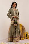 Surkh Syahi_Green Cotton, Silk Embroidery, Sequins Tribal Blossom Print Blazer And Sharara Set _Online_at_Aza_Fashions