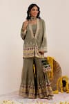 Buy_Surkh Syahi_Green Cotton, Silk Embroidery, Sequins Tribal Blossom Print Blazer And Sharara Set _at_Aza_Fashions