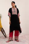 Buy_Surkh Syahi_Black Crepe Embroidery, Mirrors Collared And Pink Blossom Kaftan Set _Online_at_Aza_Fashions