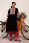 Shop_Surkh Syahi_Black Crepe Embroidery, Mirrors Collared And Pink Blossom Kaftan Set _at_Aza_Fashions