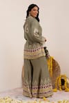 Buy_Surkh Syahi_Green Cotton, Silk Embroidery, Sequins Tribal Blossom Print Blazer And Sharara Set _Online_at_Aza_Fashions