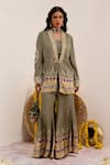 Shop_Surkh Syahi_Green Cotton, Silk Embroidery, Sequins Tribal Blossom Print Blazer And Sharara Set _Online_at_Aza_Fashions