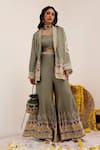 Surkh Syahi_Green Cotton, Silk Embroidery, Sequins Tribal Blossom Print Blazer And Sharara Set _at_Aza_Fashions
